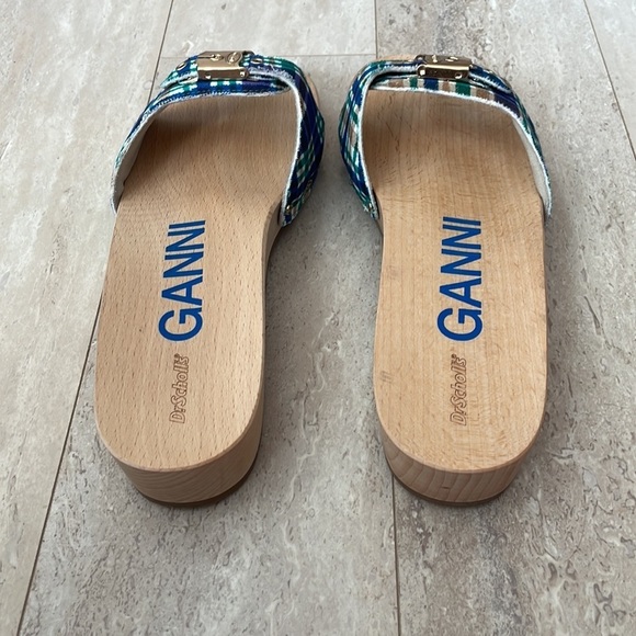 NWT GANNI x Dr. Scholl's Plaid Wooden Clog Sandals Buckle Retro Slides Blue 9 - Picture 6 of 13